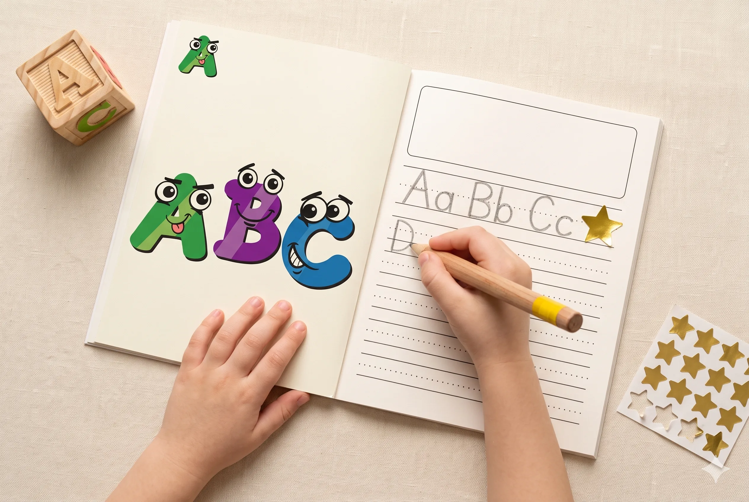Child's hands writing letters Aa Bb Cc in an open handwriting workbook surrounded by gold star stickers and an ABC wooden block