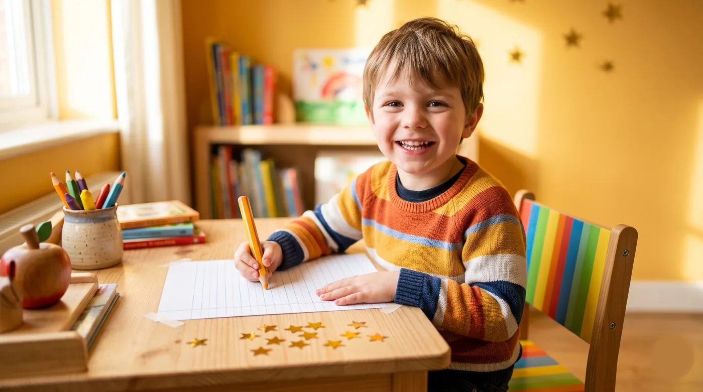 A cheerful young boy ready to write at his desk with a pencil and gold star stickers