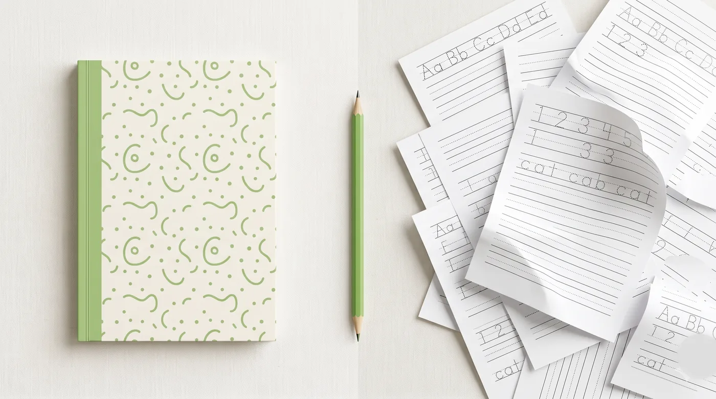 A neatly bound handwriting workbook beside a messy pile of loose printable worksheets