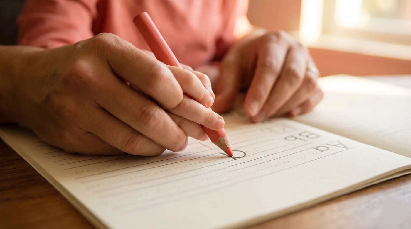 Close-up of a child's hand holding a pencil in the correct tripod grip while writing letters on lined paper