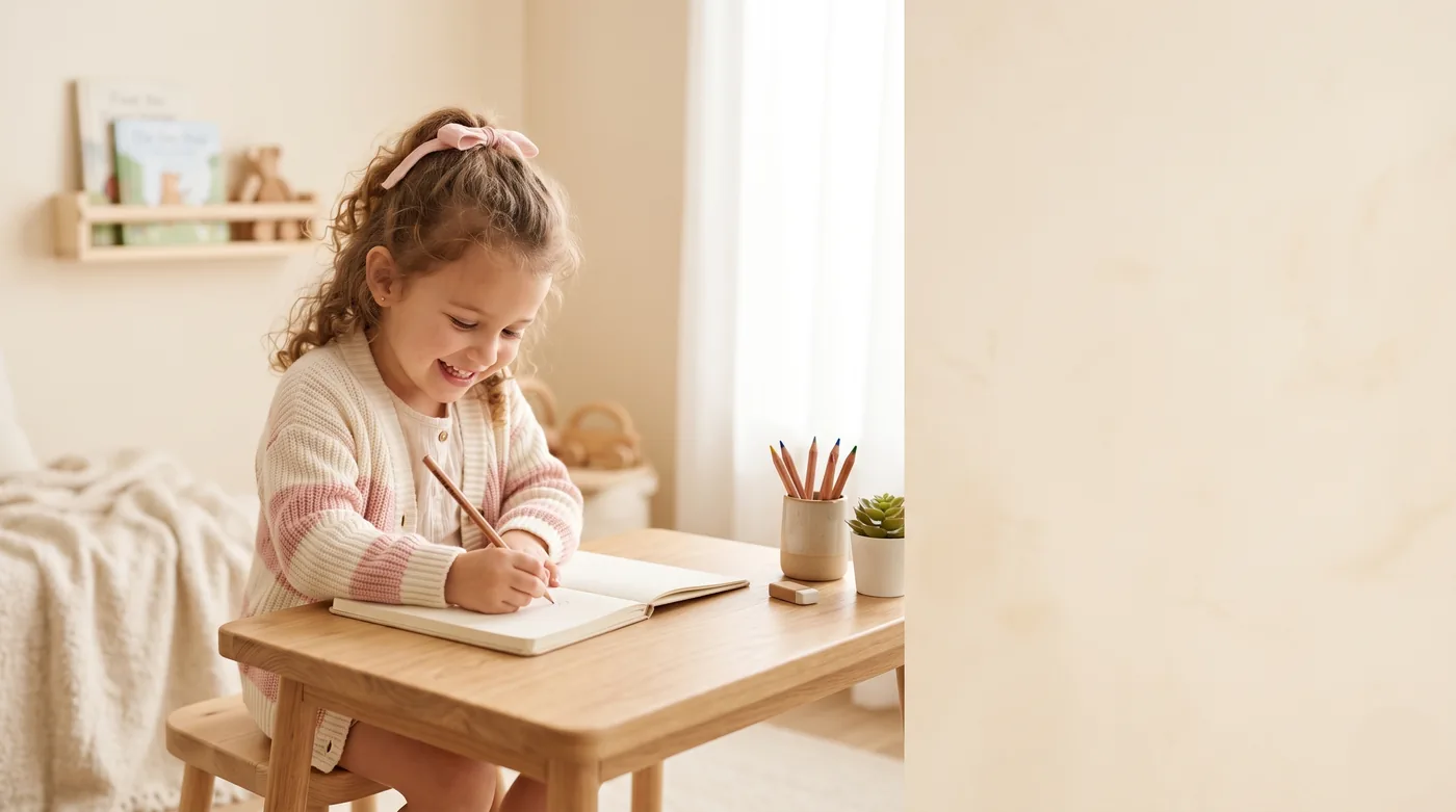A happy four-year-old girl practicing handwriting in a notebook at a wooden table at home