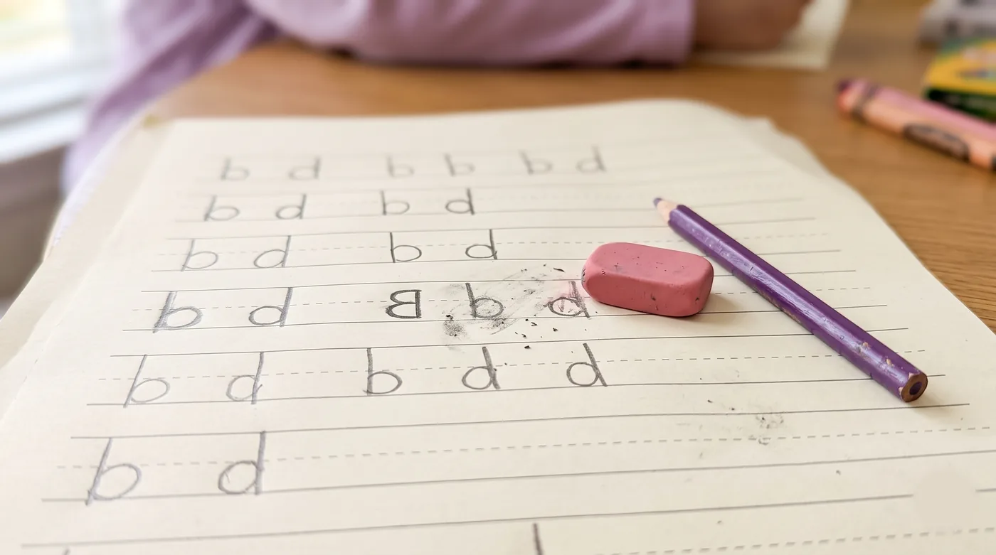 Lined practice paper showing a young child's repeated lowercase b and d letters with a pencil and eraser