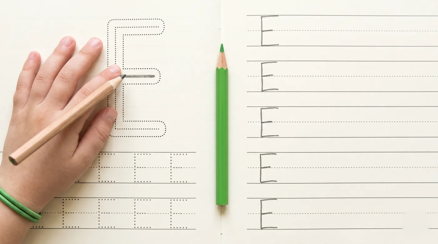An open workbook showing a dotted letter traced on the left and the same letter written freehand on the right