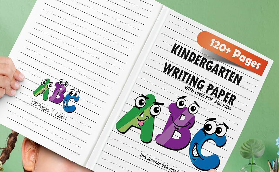 Kindergarten Writing Paper book open, showing the cover and lined practice pages