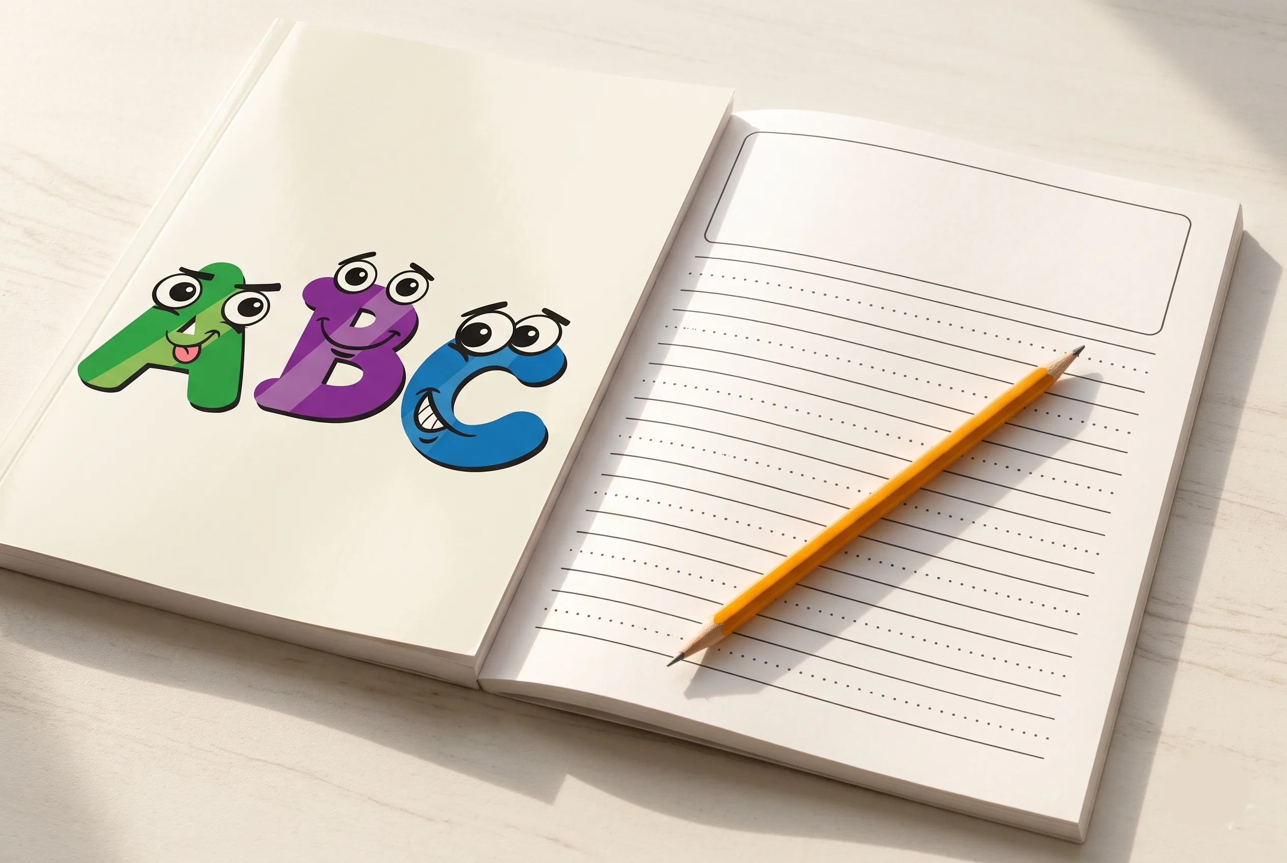 Kindergarten Writing Paper book open, showing friendly ABC character mascots on the cover page and dotted-line practice rows on the right