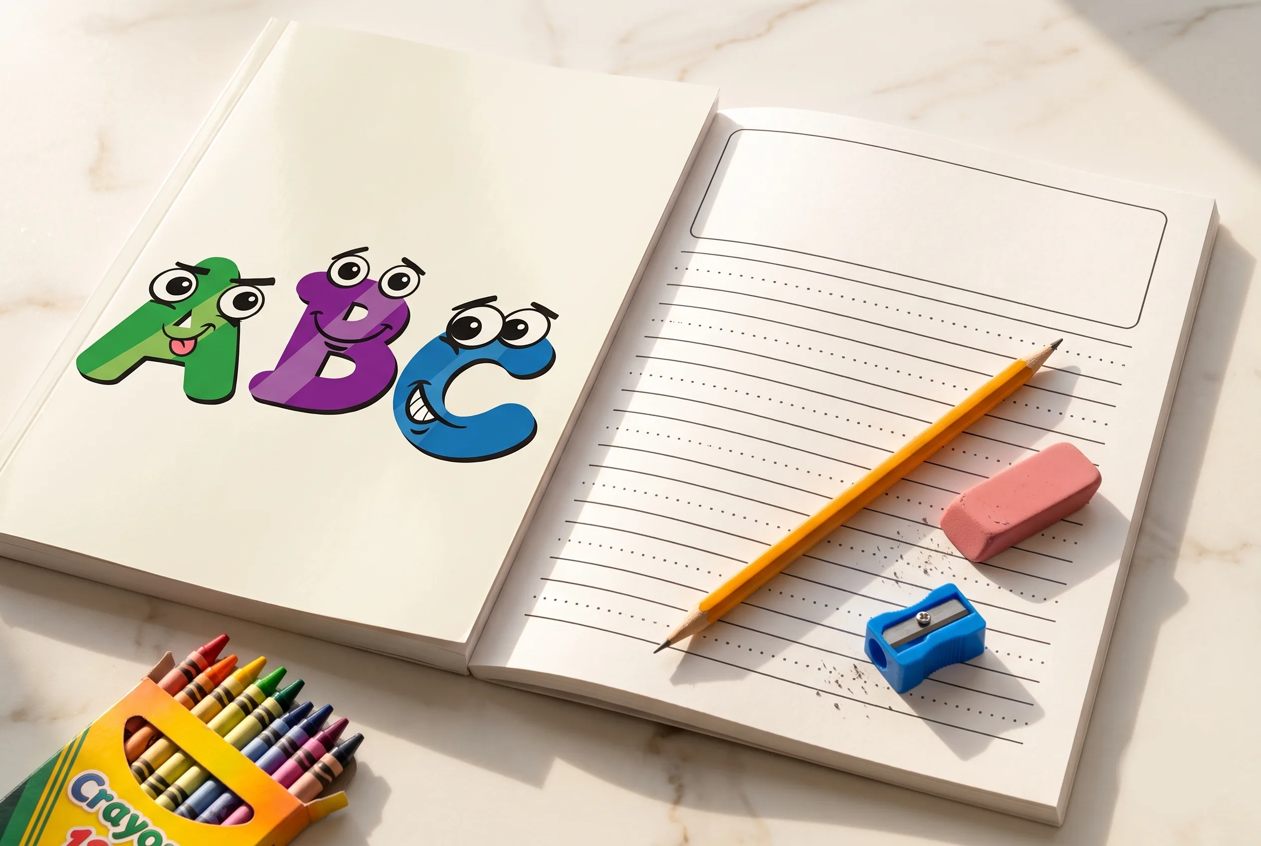 Open kindergarten handwriting workbook on a marble surface alongside yellow pencil, pink eraser, pencil sharpener, and box of crayons
